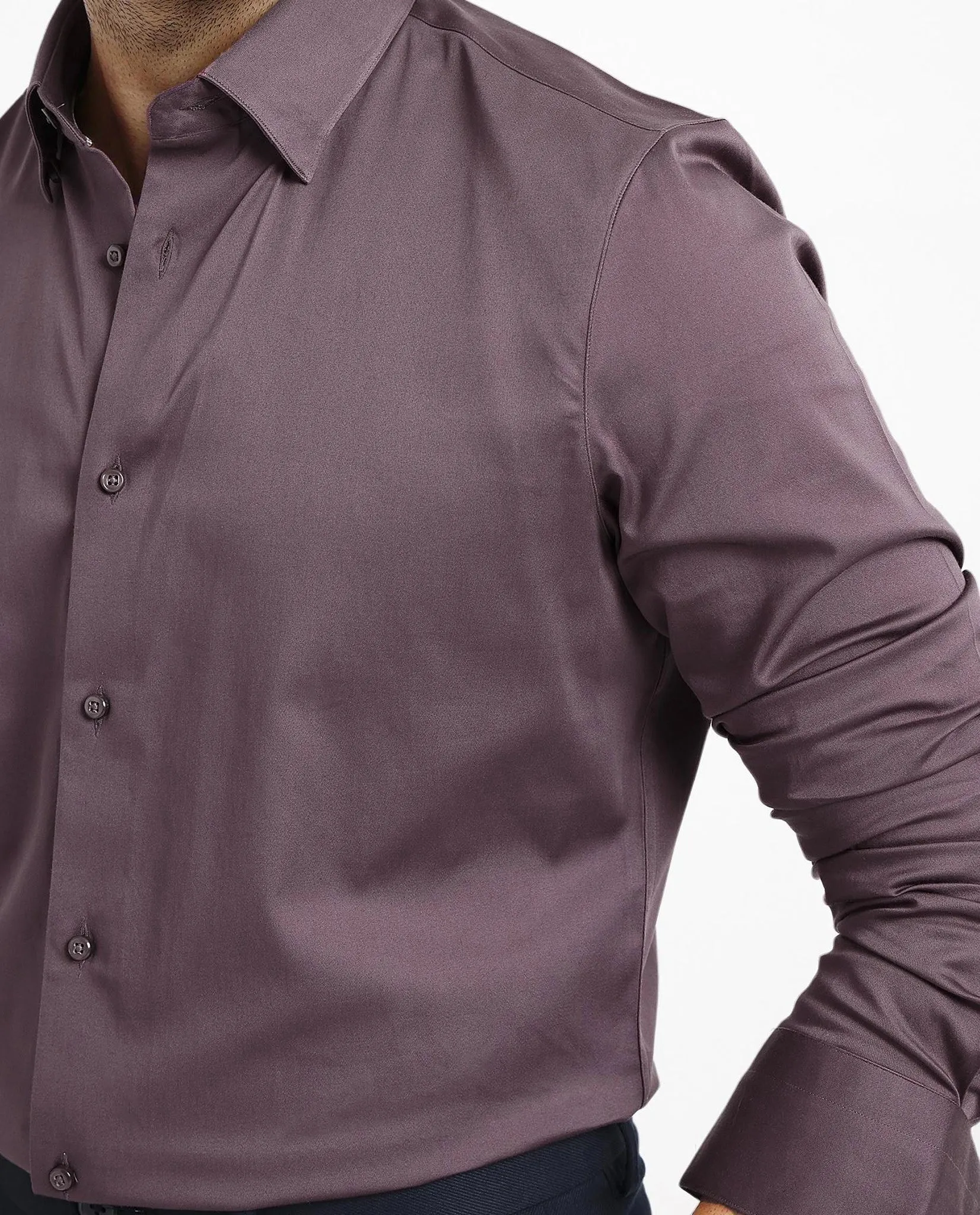 Rare Rabbit Men Como-5 Dusky Maroon Cotton Lycra Fabric Full Sleeve Regular Fit Plain Satin Shirt