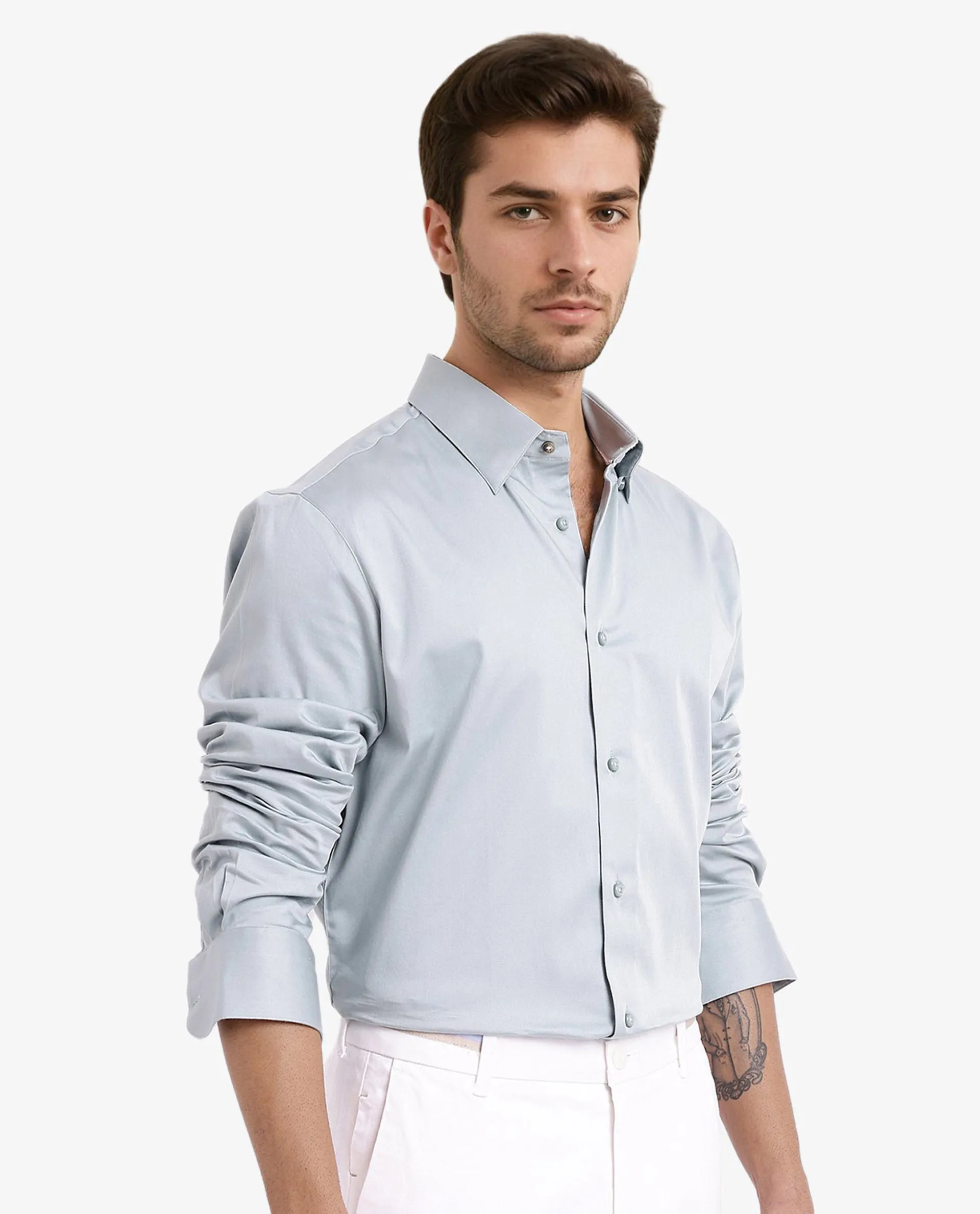 Rare Rabbit Men Como-5 Pastel Blue Cotton Lycra Fabric Full Sleeve Regular Fit Plain Satin Shirt