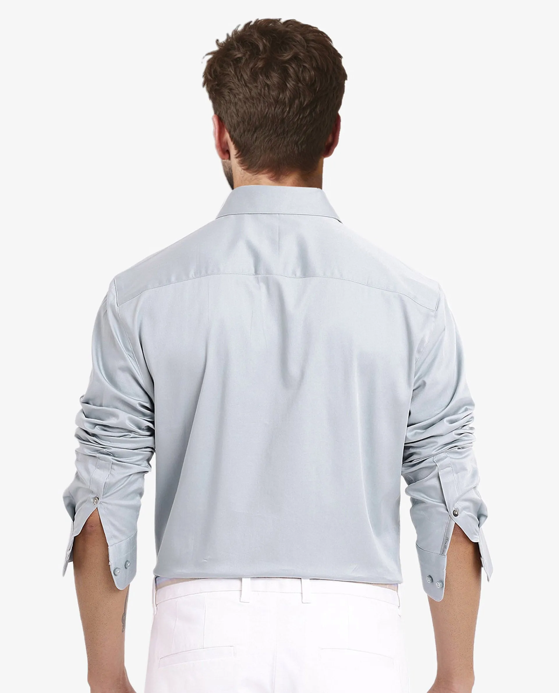 Rare Rabbit Men Como-5 Pastel Blue Cotton Lycra Fabric Full Sleeve Regular Fit Plain Satin Shirt