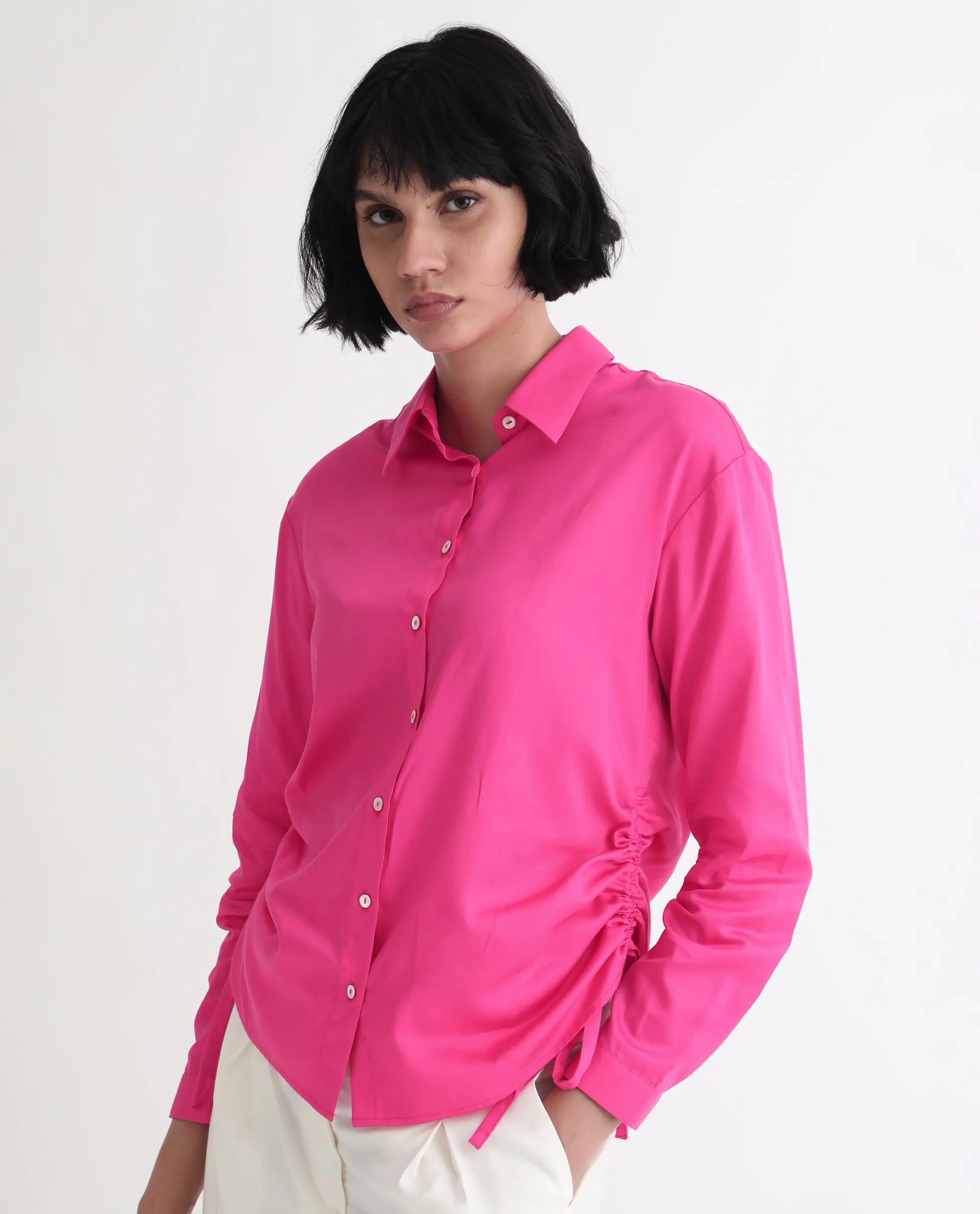 Rareism Women Avocado Pink Cotton Fabric Full Sleeves Button Closure Shirt Collar Regular Fit Plain Top