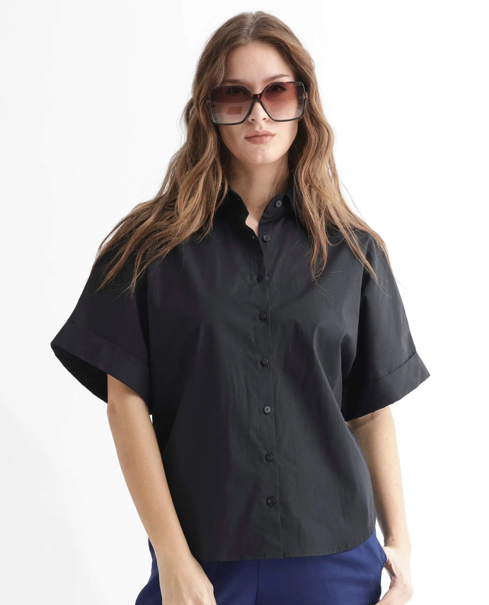 Rareism Women Shozo Black Cotton Lycra Fabric Short Sleeves Button Closure Shirt Collar Extended Sleeve Regular Fit Plain Top