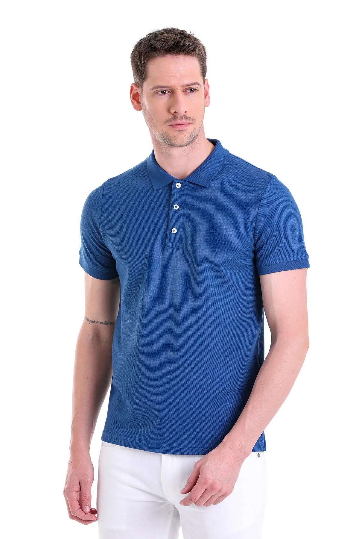 Regular Fit Basic 100% Cotton Indigo Polo T-Shirt