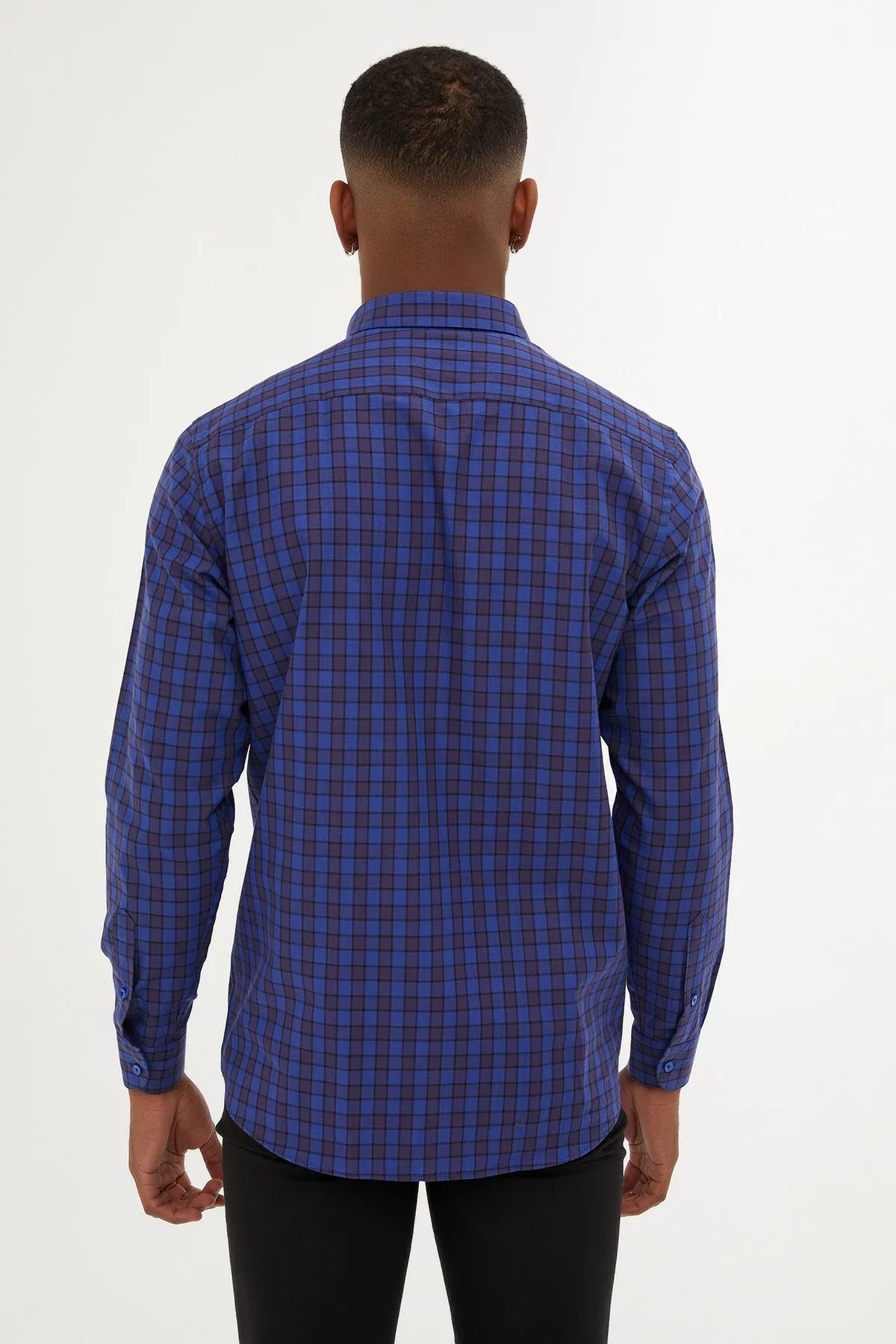 Regular Fit Long Sleeve Plaid Cotton Navy Casual Shirt