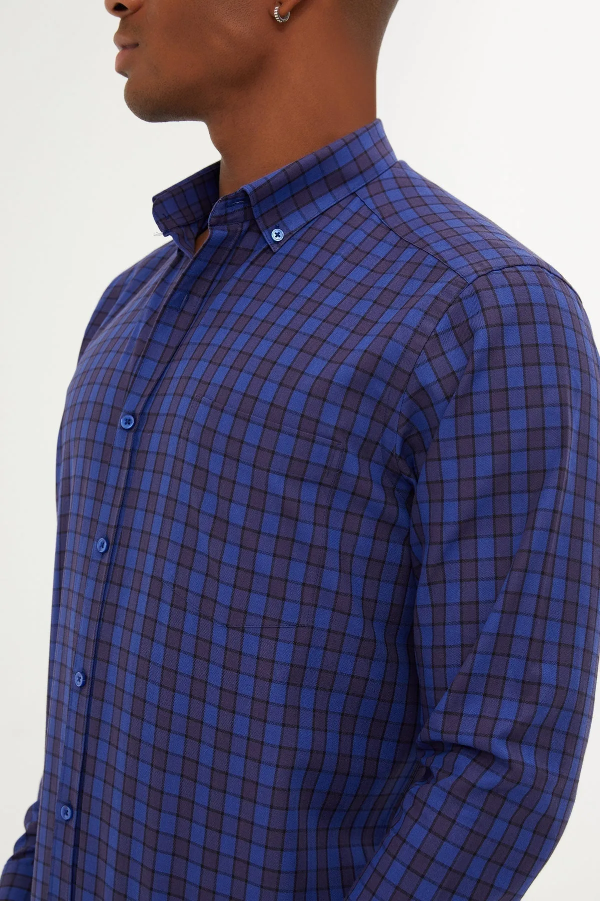 Regular Fit Long Sleeve Plaid Cotton Navy Casual Shirt