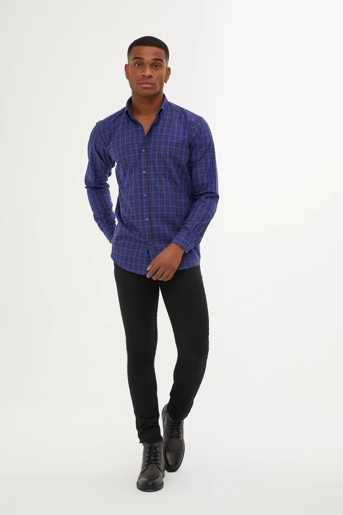 Regular Fit Long Sleeve Plaid Cotton Navy Casual Shirt