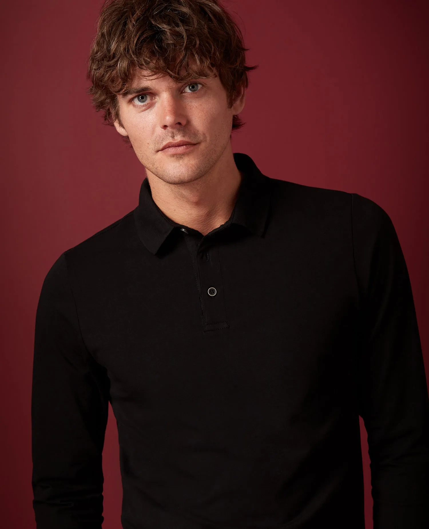 REMUS UOMO Long Sleeve Cotton Stretch Polo Shirt/Black - New AW21