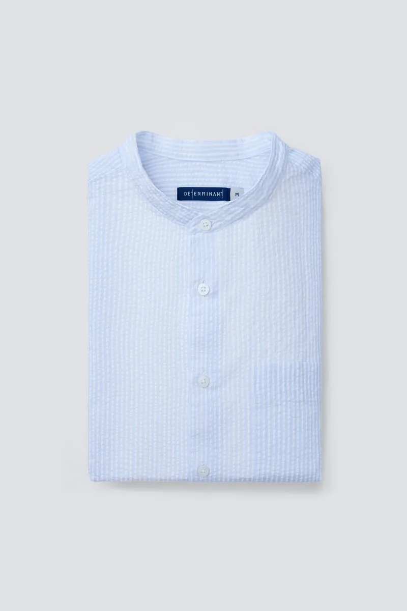 Seersucker Mandarin Collar Casual Shirt | Light Blue Stripes 1486NZ