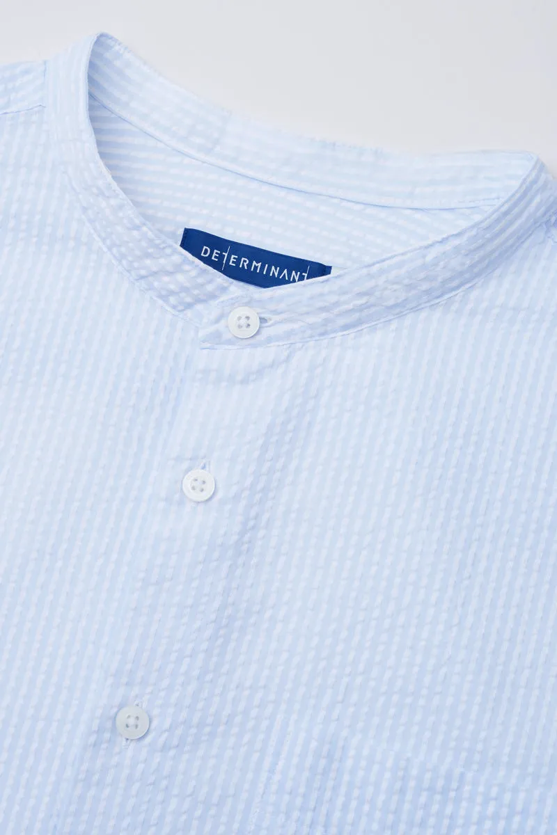 Seersucker Mandarin Collar Casual Shirt | Light Blue Stripes 1486NZ