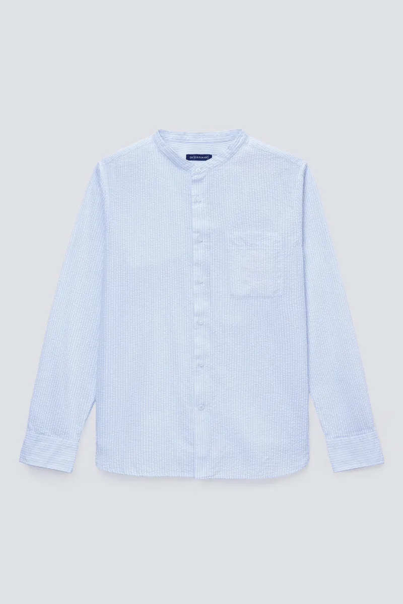 Seersucker Mandarin Collar Casual Shirt | Light Blue Stripes 1486NZ