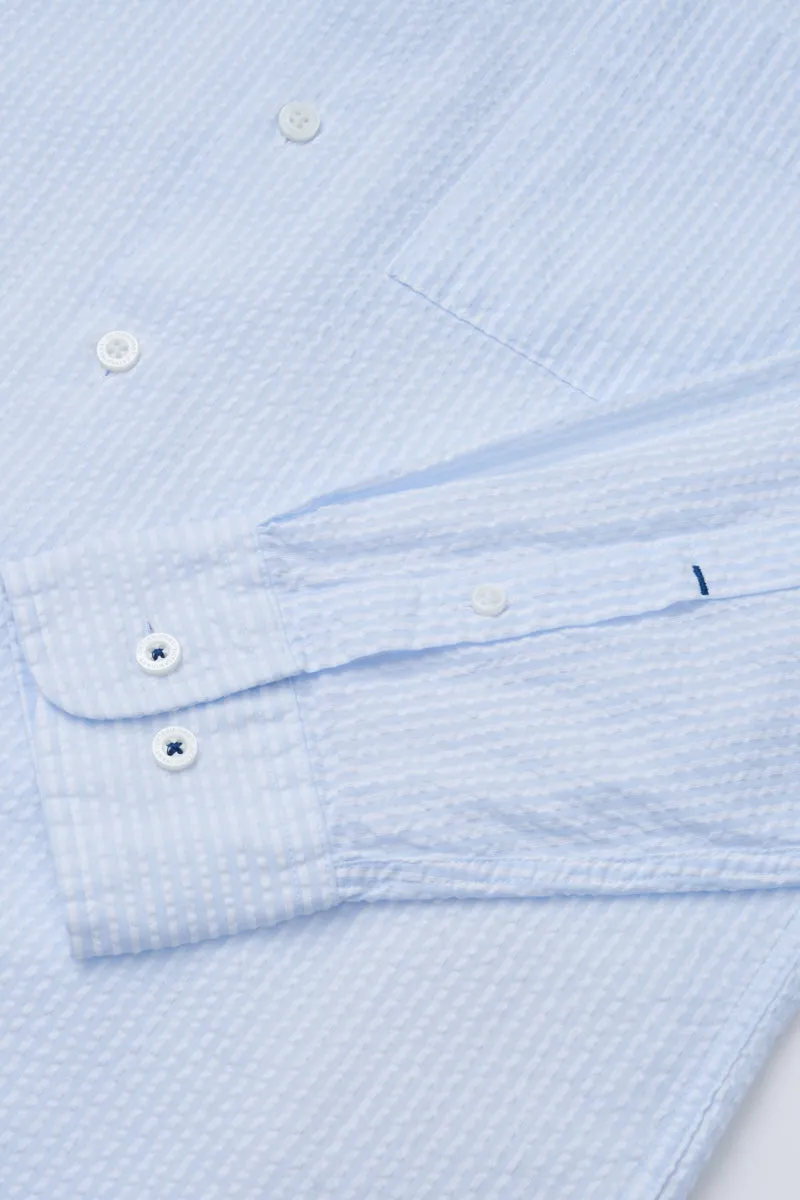 Seersucker Mandarin Collar Casual Shirt | Light Blue Stripes 1486NZ