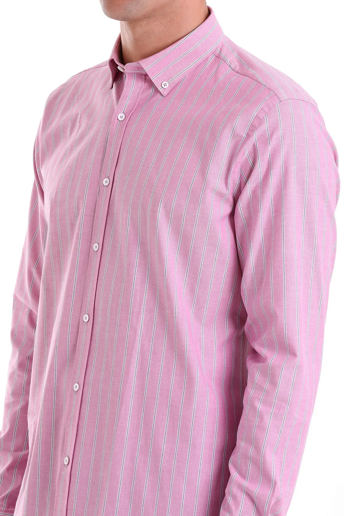 Slim Fit Long Sleeve Striped Cotton Blend Pink Casual Shirt