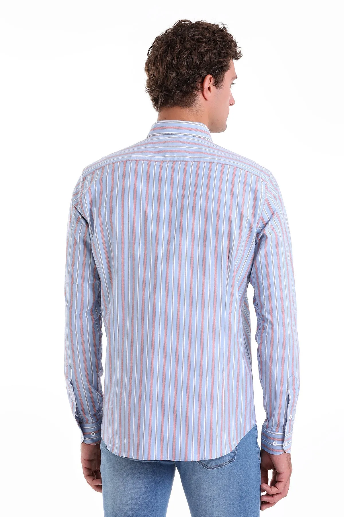 Slim Fit Long Sleeve Striped Cotton Blend Red Casual Shirt