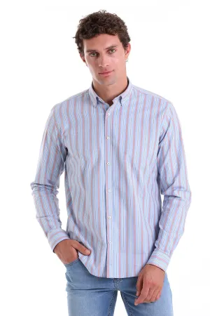 Slim Fit Long Sleeve Striped Cotton Blend Red Casual Shirt