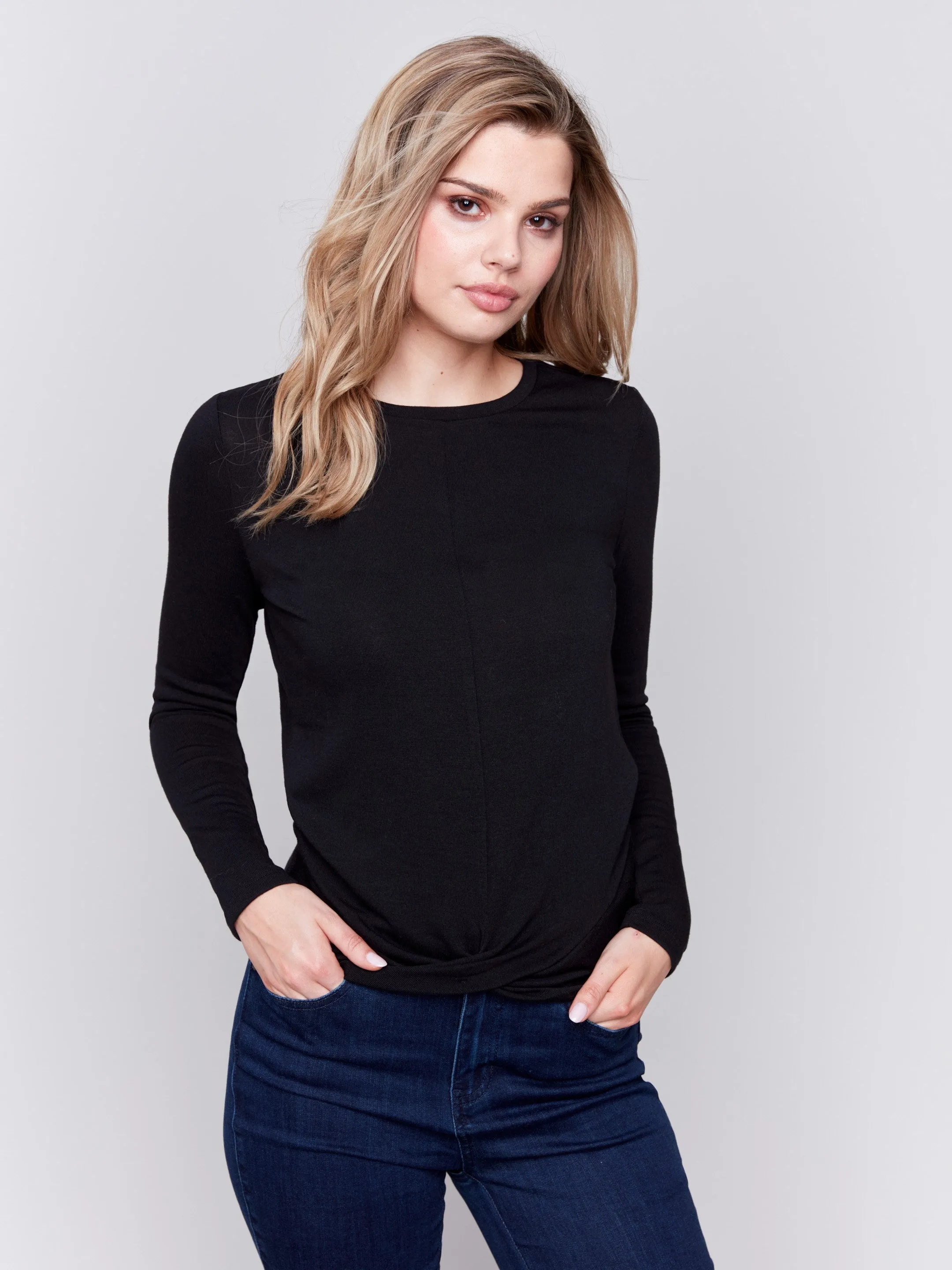 Soft Jersey Top with Front Knot Detail - Black