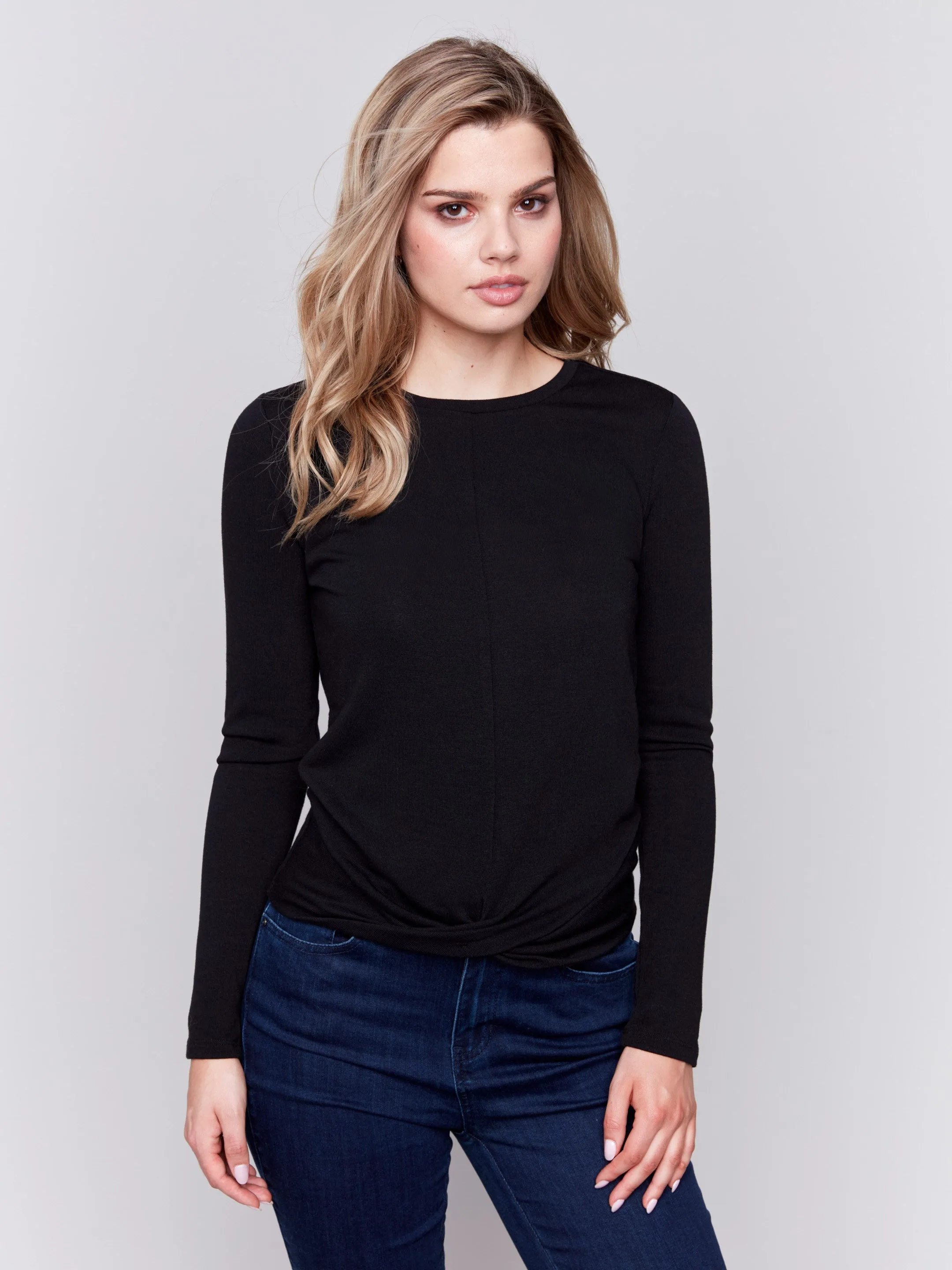 Soft Jersey Top with Front Knot Detail - Black