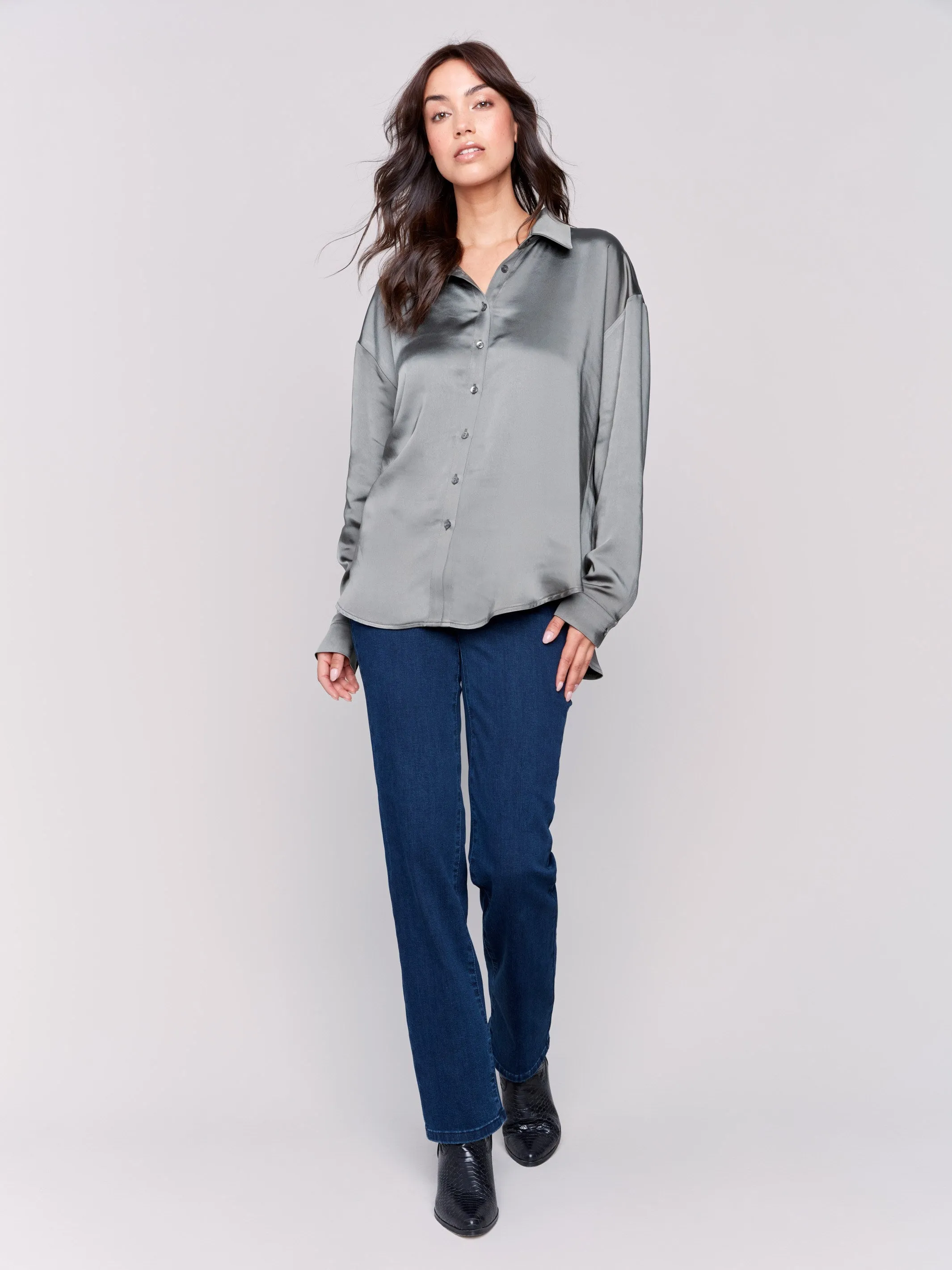 Solid Satin Button-Down Shirt - Spruce