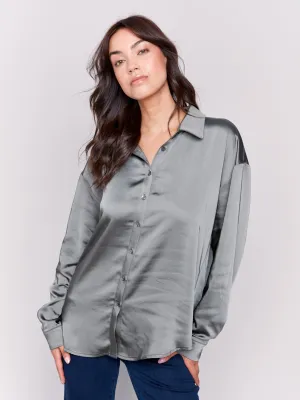 Solid Satin Button-Down Shirt - Spruce