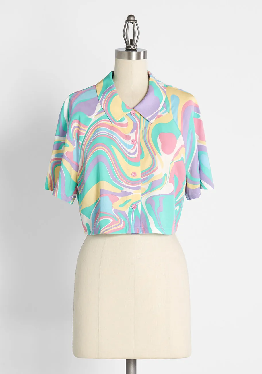 Swirling in Pastels Cropped Button-Up Shirt