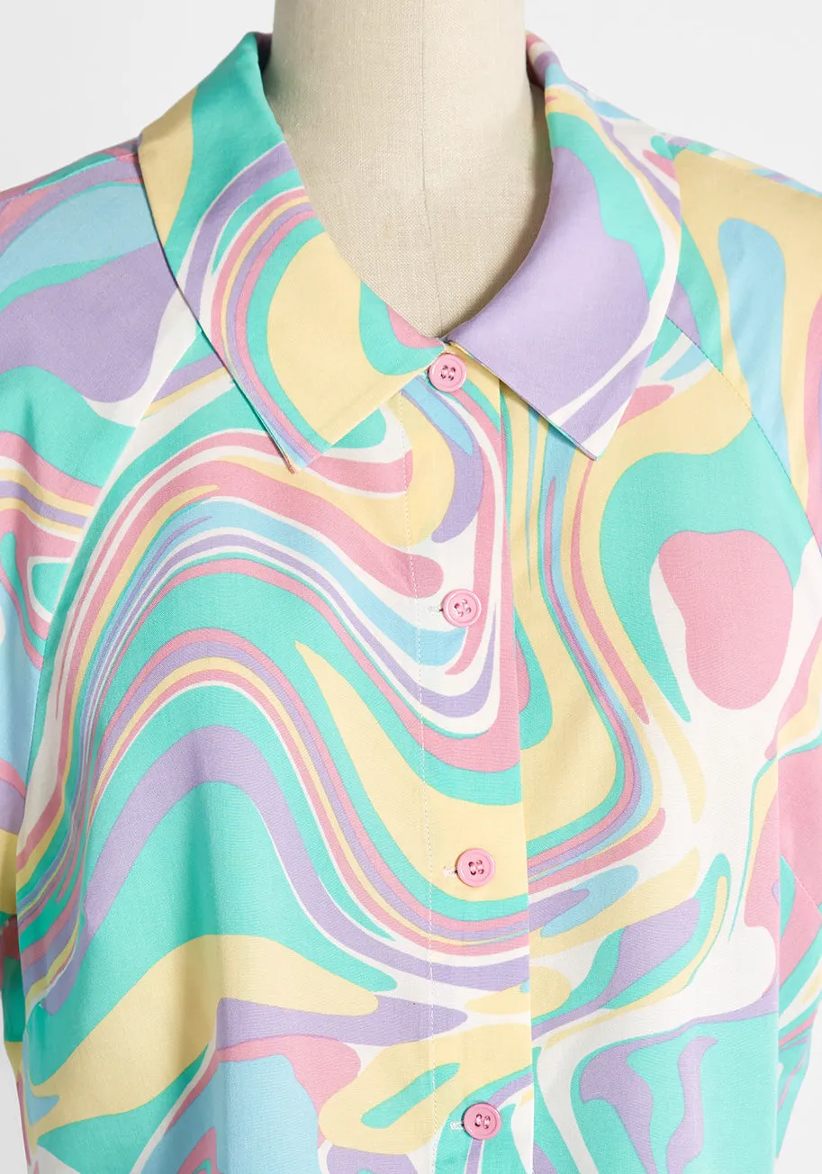 Swirling in Pastels Cropped Button-Up Shirt