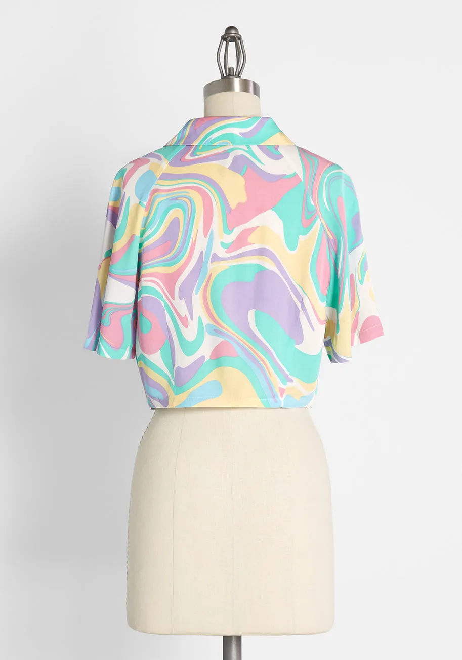 Swirling in Pastels Cropped Button-Up Shirt