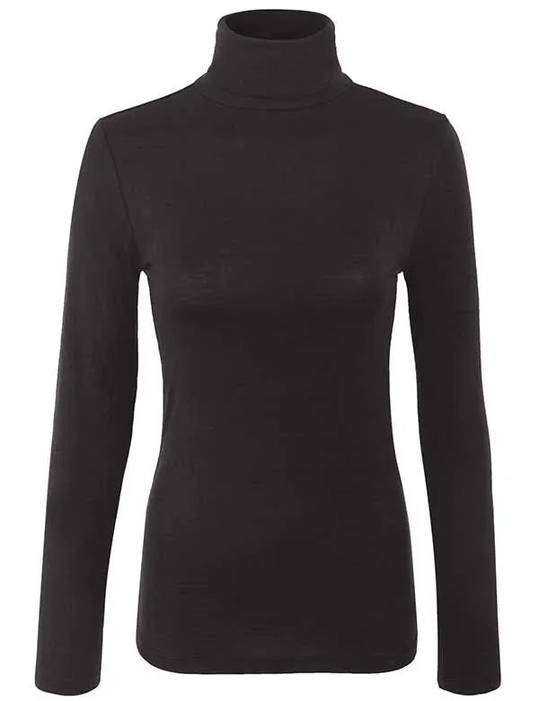 Turtleneck Long Sleeve Basic Solid Fitted Shirt with Stretch