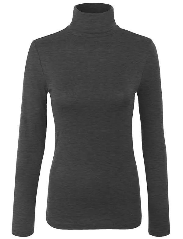 Turtleneck Long Sleeve Basic Solid Fitted Shirt with Stretch