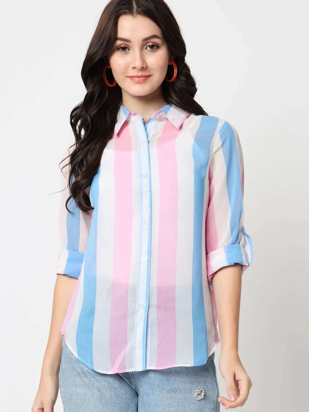 Vertical Striped Spread Collar Roll-up Sleeves Classic Casual Shirt