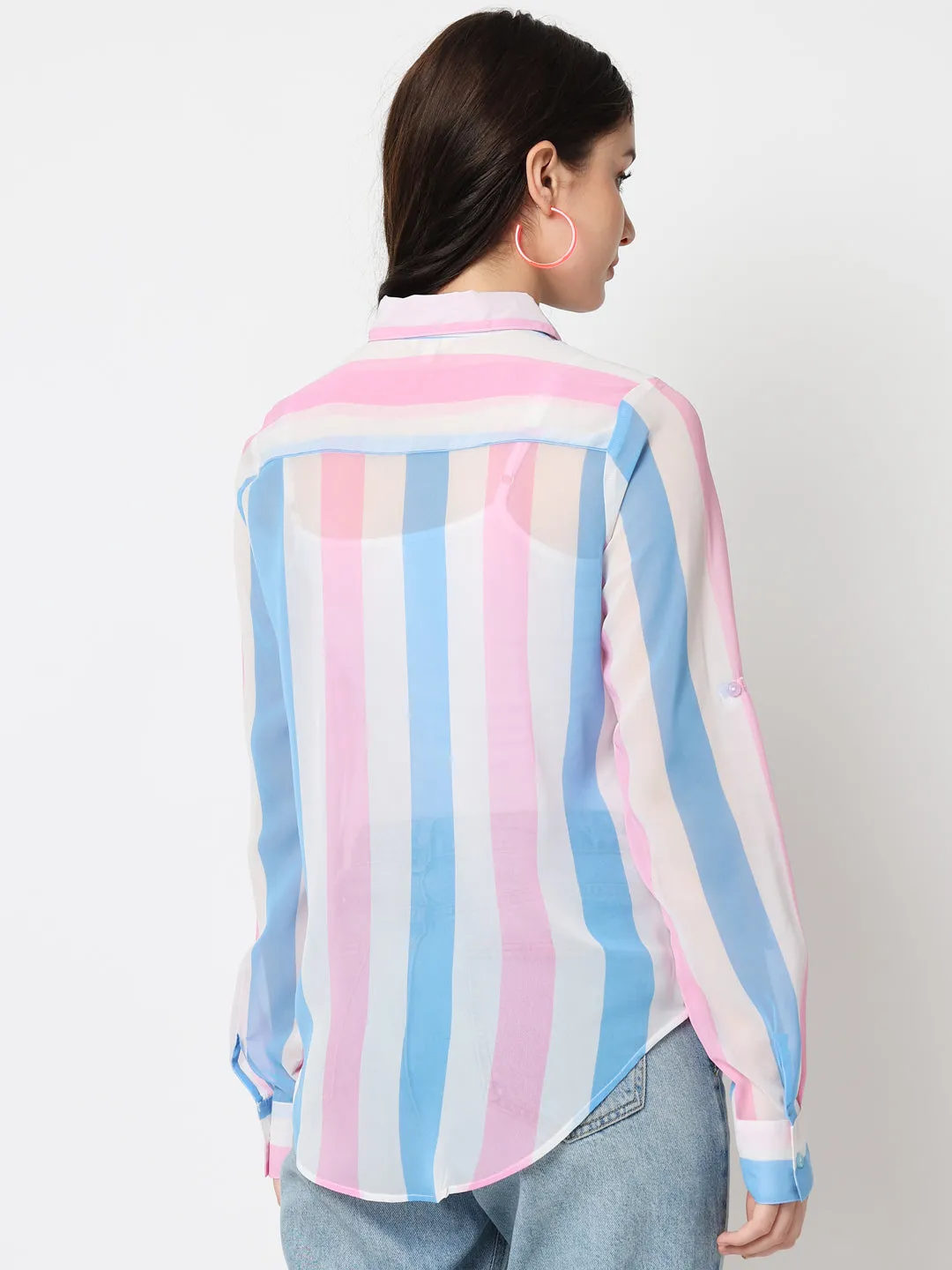 Vertical Striped Spread Collar Roll-up Sleeves Classic Casual Shirt