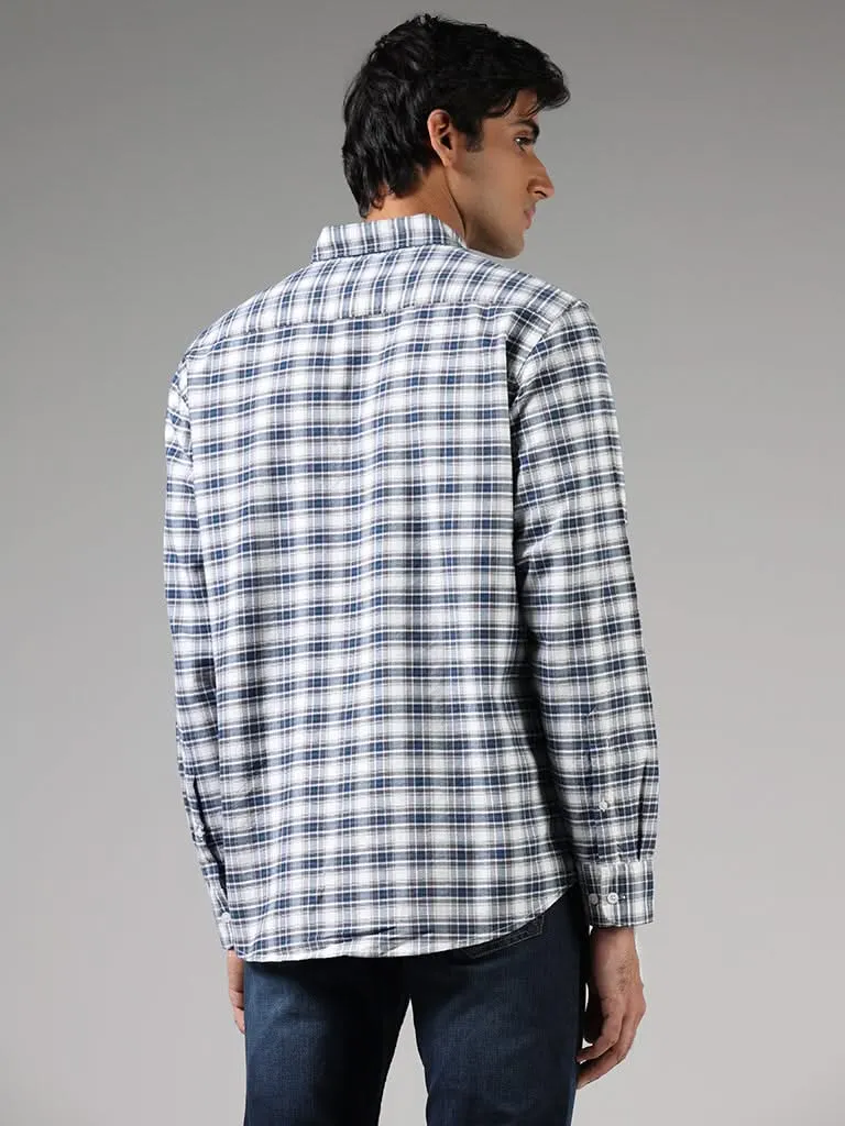 WES Casuals Blue Plaid Checked Cotton Relaxed-Fit Shirt