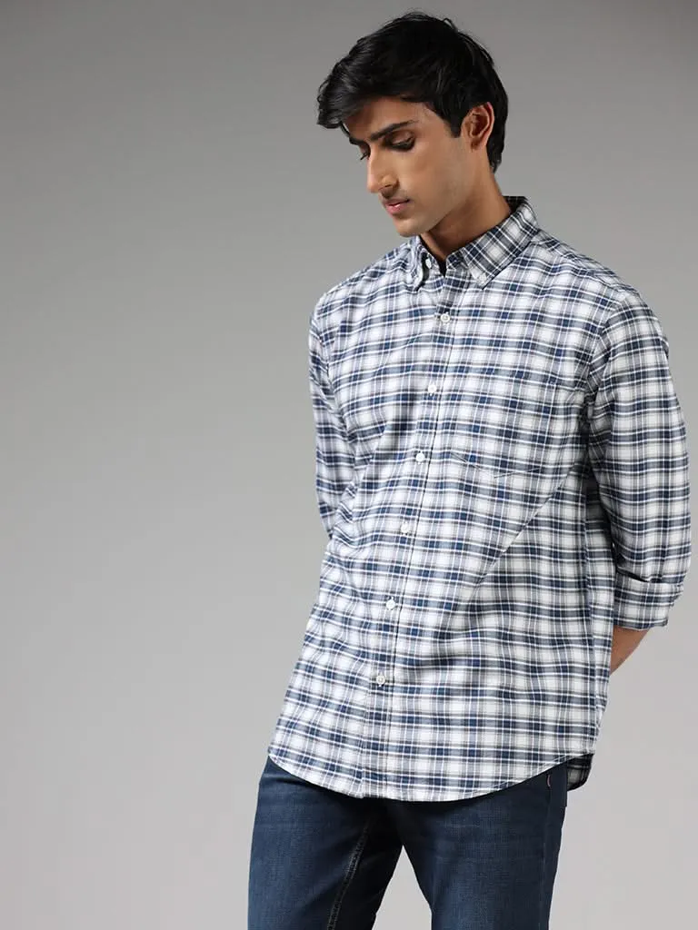 WES Casuals Blue Plaid Checked Cotton Relaxed-Fit Shirt