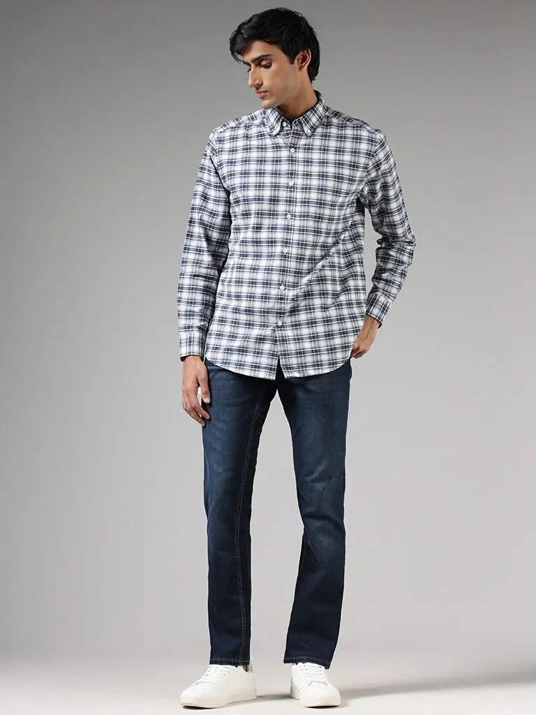 WES Casuals Blue Plaid Checked Cotton Relaxed-Fit Shirt