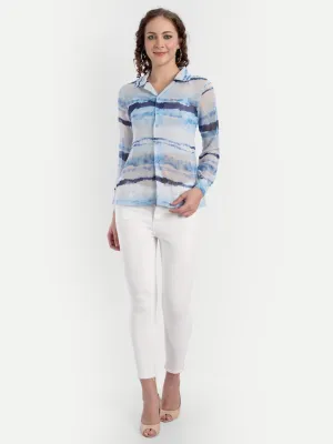 Women Blue Classic Horizontal Stripes Semi Sheer Casual Shirt