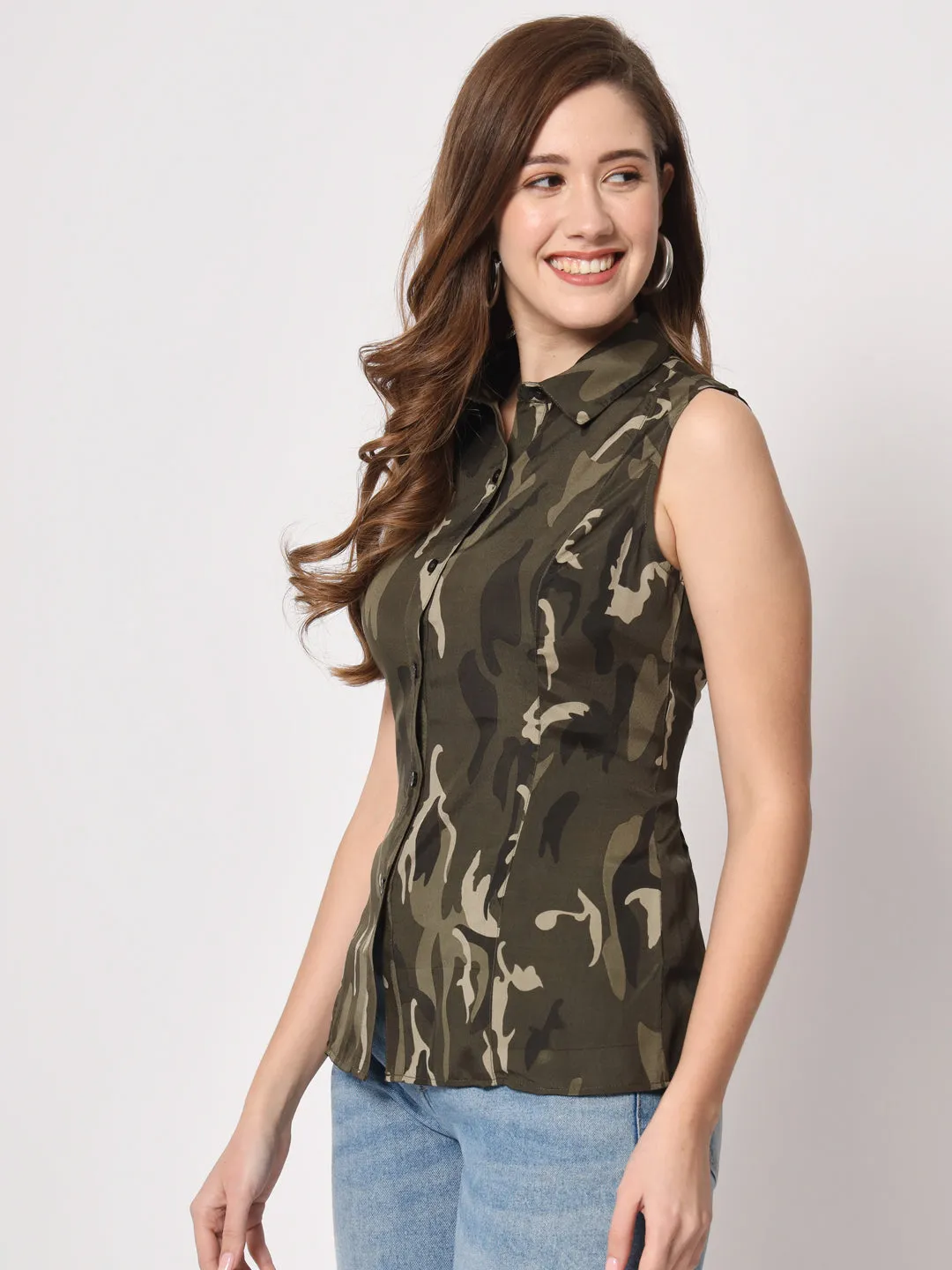 Women Camouflage Printed Sleeveless Shirt