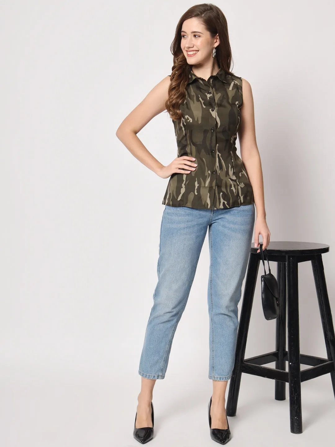 Women Camouflage Printed Sleeveless Shirt