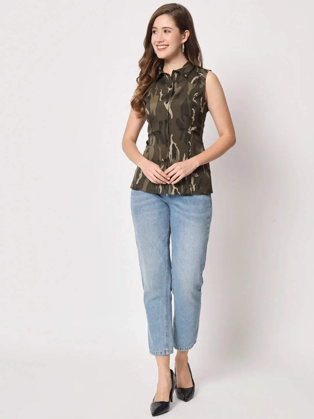 Women Camouflage Printed Sleeveless Shirt