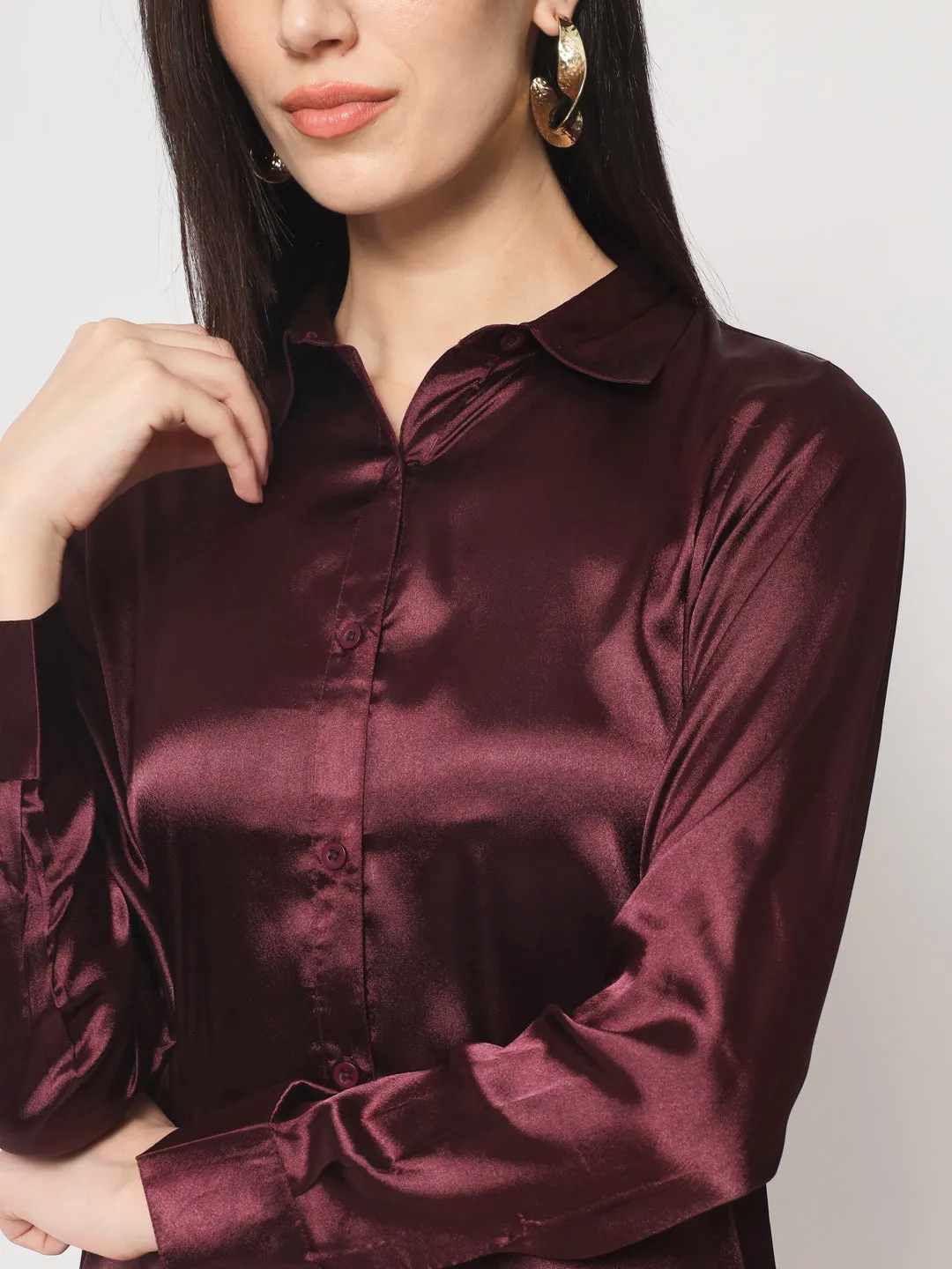 Women Maroon Classic Slim Fit Casual Shirt