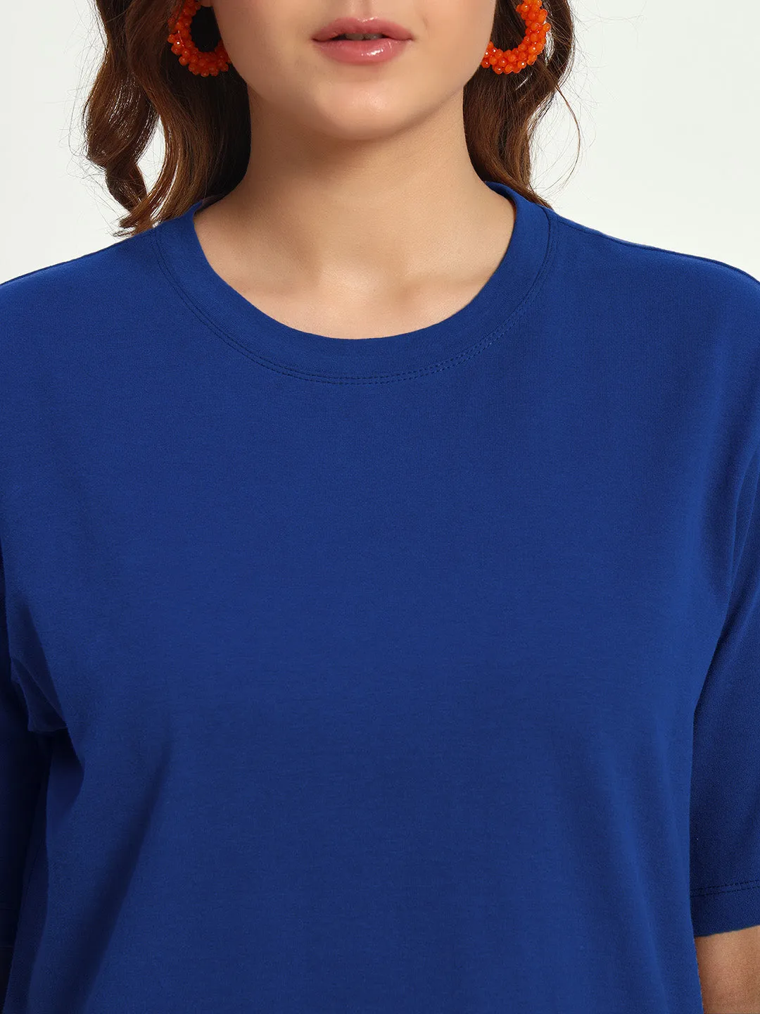 Women Royal Blue Solid Round Neck Pure Cotton T-Shirt