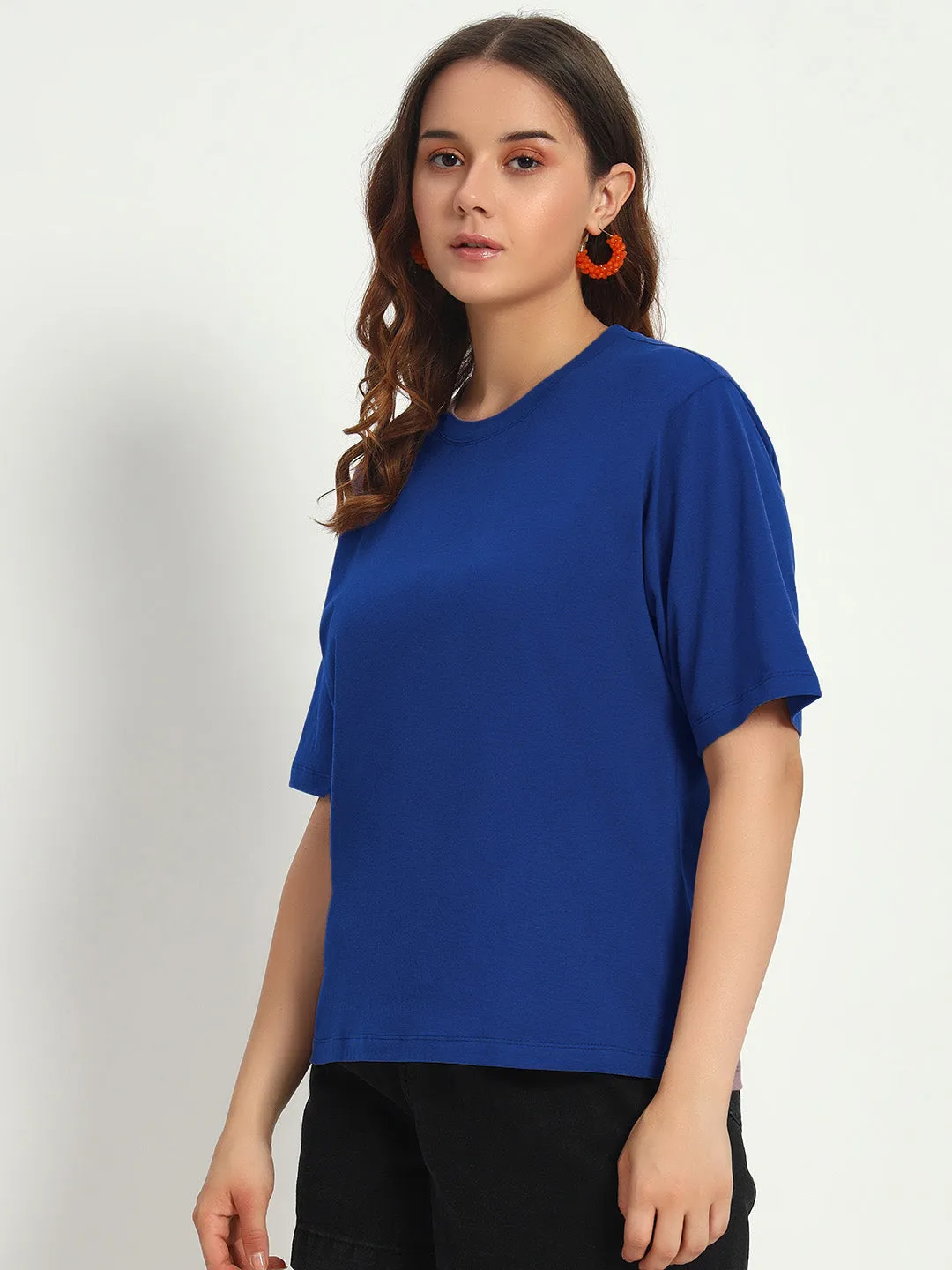 Women Royal Blue Solid Round Neck Pure Cotton T-Shirt