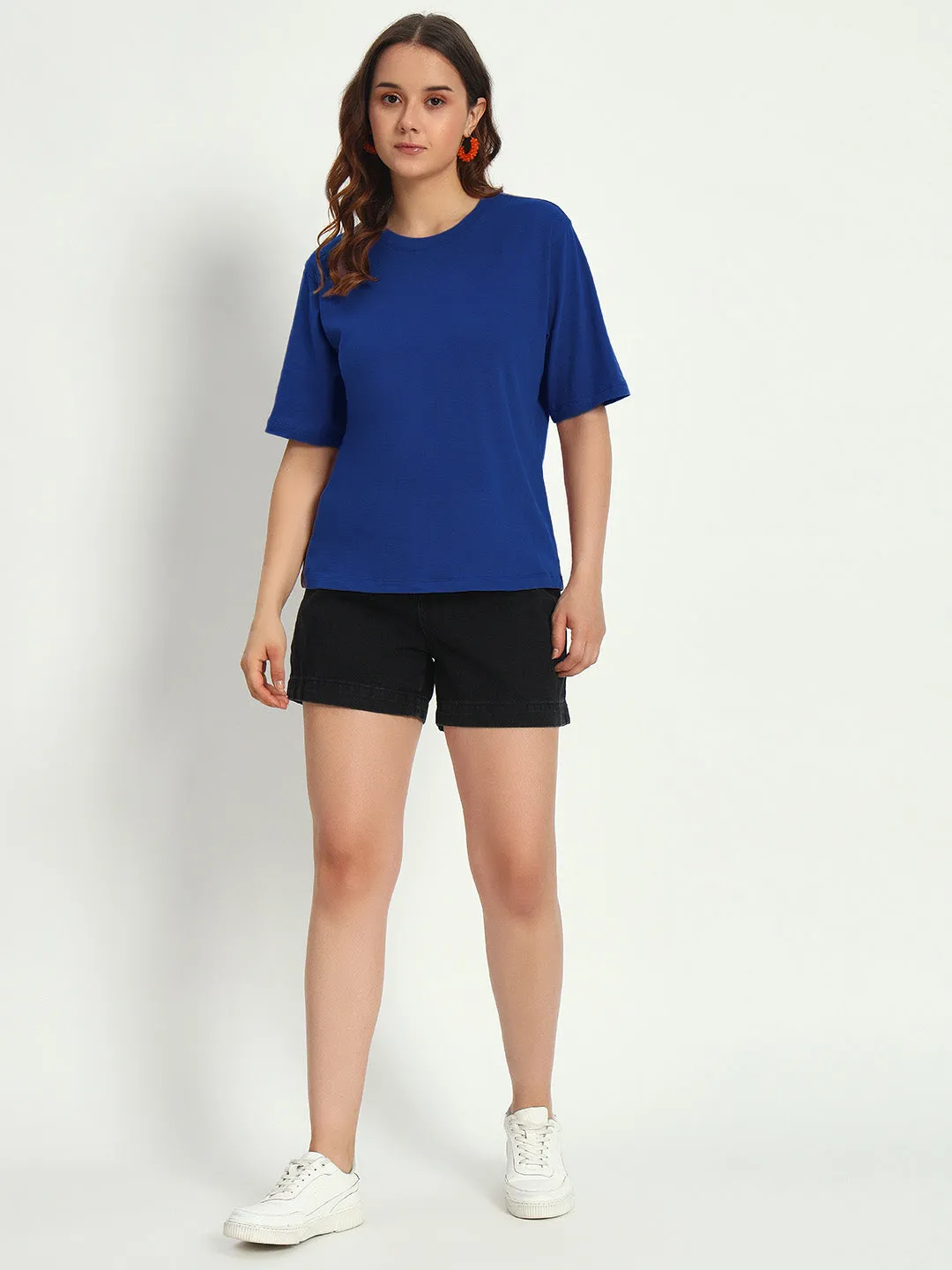 Women Royal Blue Solid Round Neck Pure Cotton T-Shirt