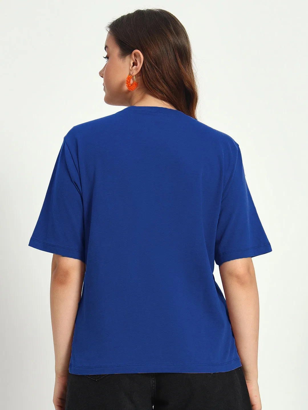 Women Royal Blue Solid Round Neck Pure Cotton T-Shirt