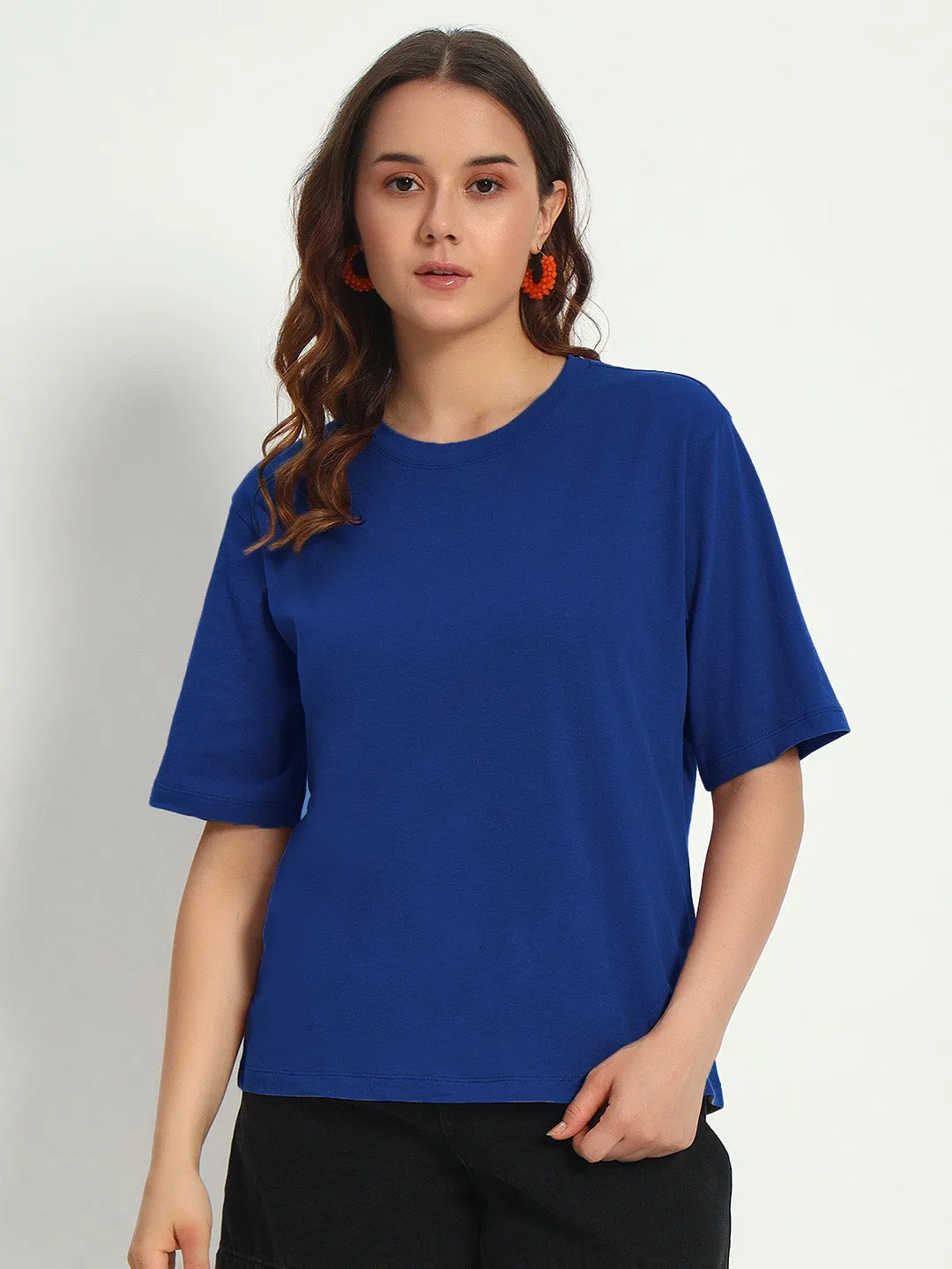 Women Royal Blue Solid Round Neck Pure Cotton T-Shirt