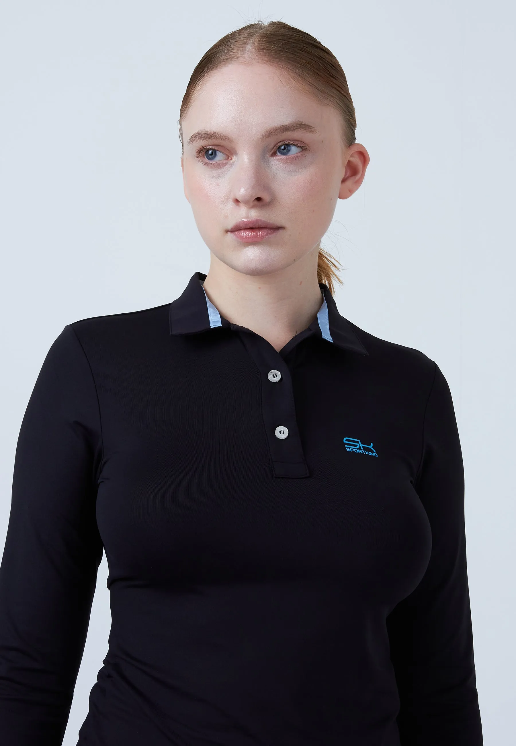 Women Tennis Longsleeve Polo Shirt, black