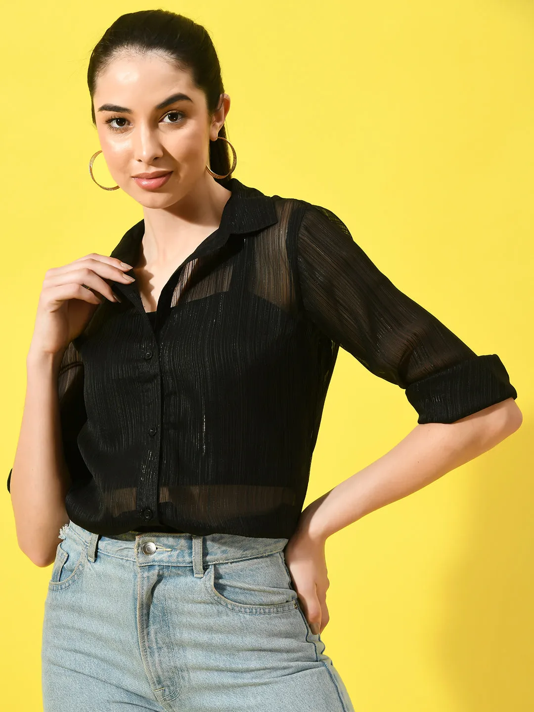 Women Vertical Stripes Semi Sheer Black Shirt