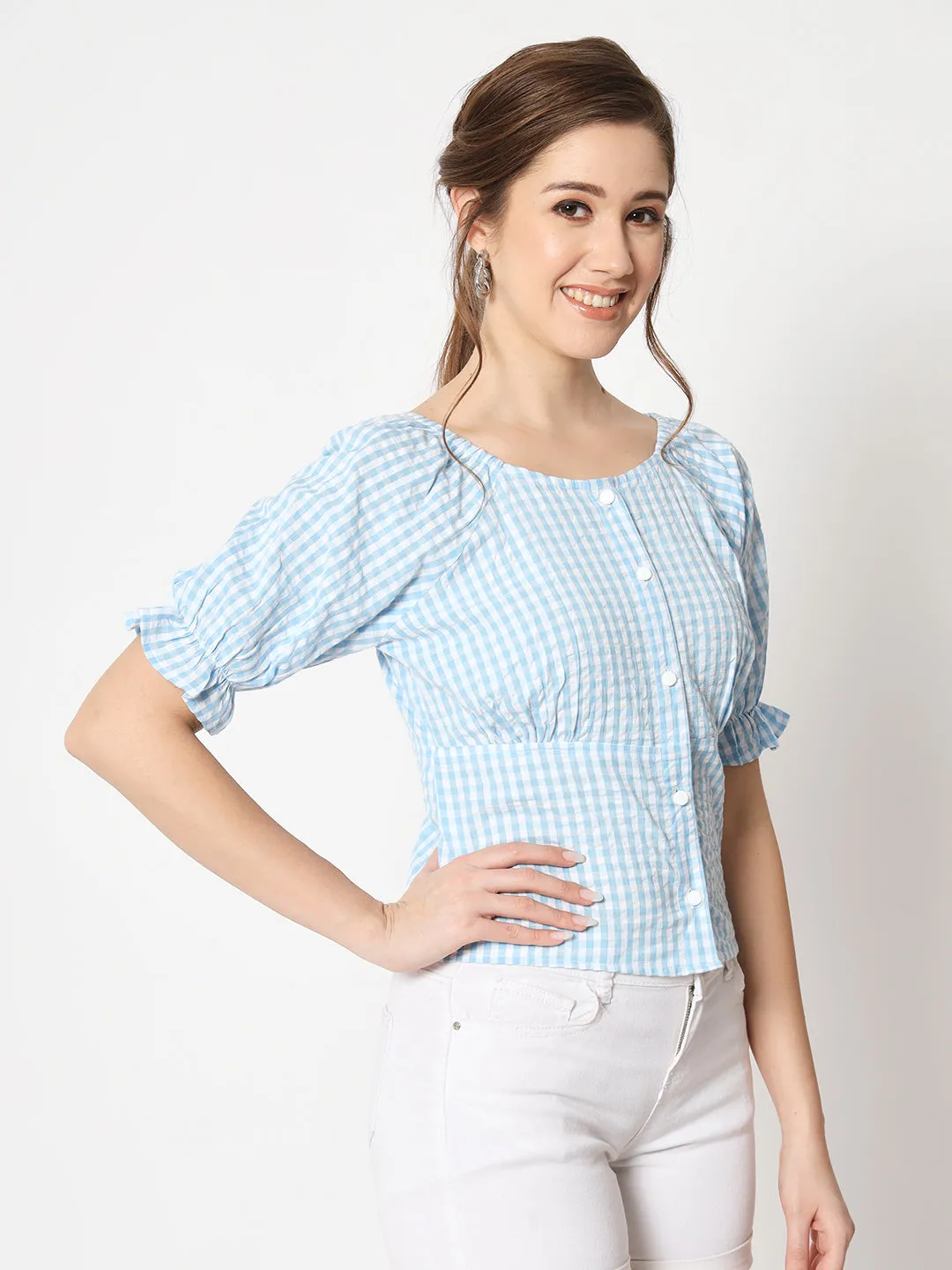 Women's Checked Button Down Ruffled Sleeve Top