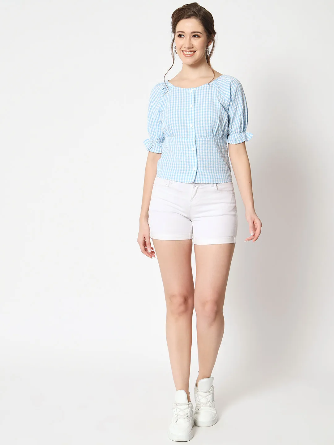 Women's Checked Button Down Ruffled Sleeve Top