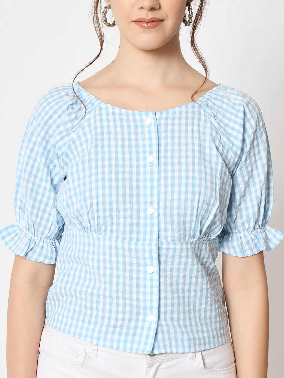 Women's Checked Button Down Ruffled Sleeve Top