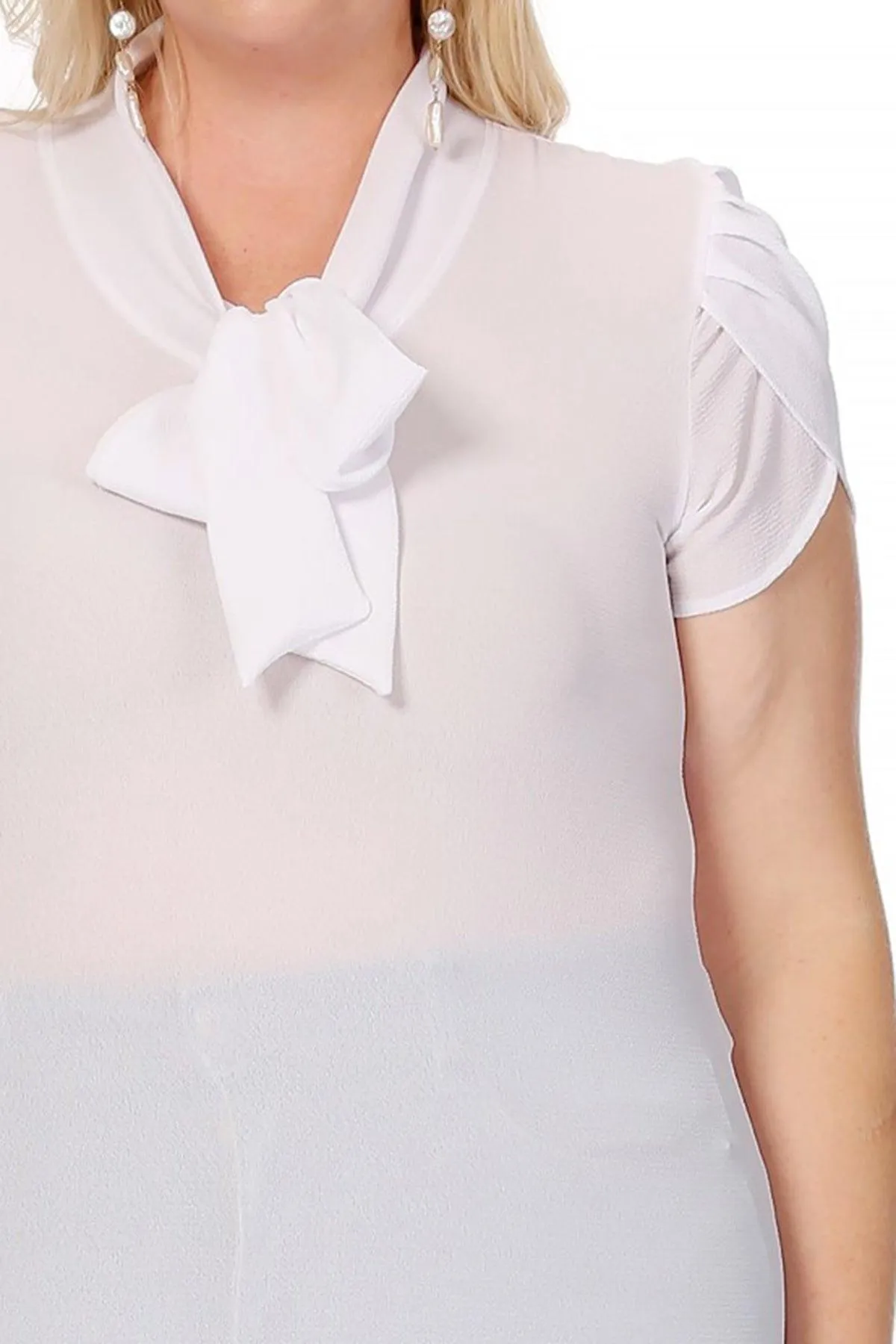 Women's Plus Size Solid Petal Sleeve Bow Tie Neck Short Sleeve Blouse