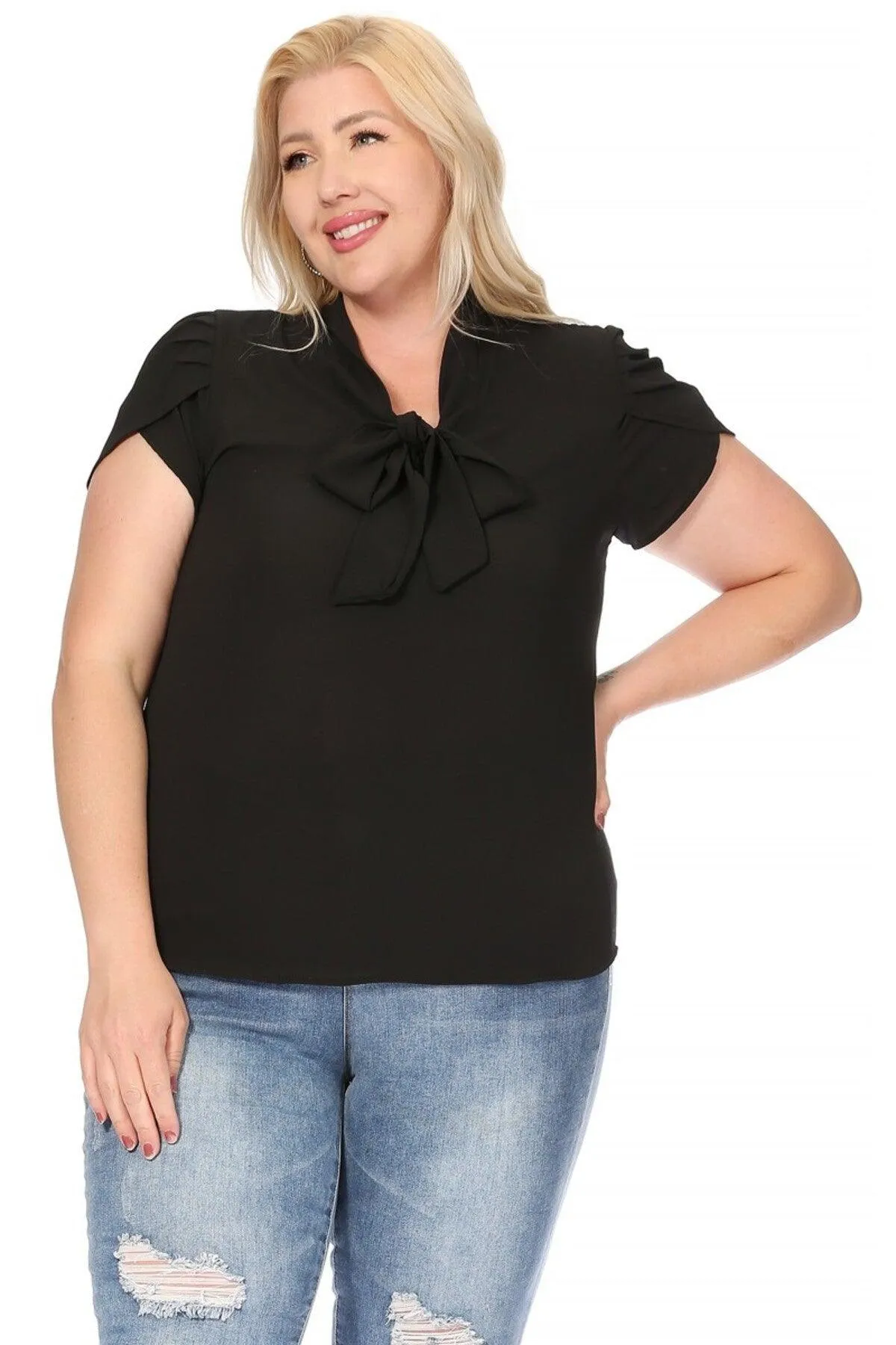 Women's Plus Size Solid Petal Sleeve Bow Tie Neck Short Sleeve Blouse