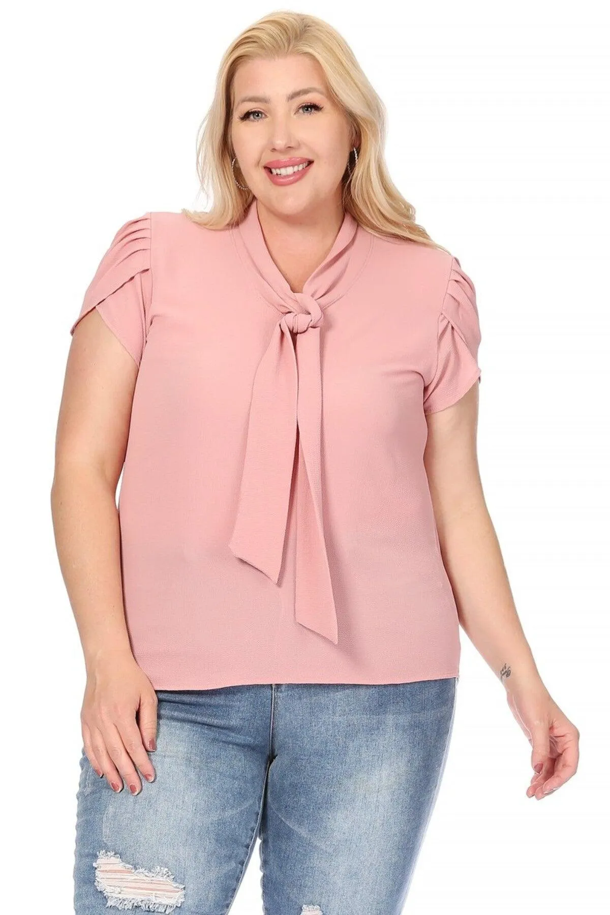 Women's Plus Size Solid Petal Sleeve Bow Tie Neck Short Sleeve Blouse