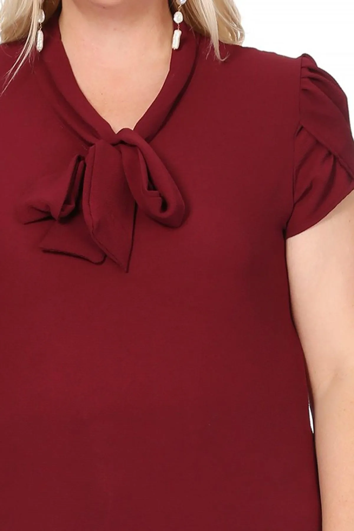 Women's Plus Size Solid Petal Sleeve Bow Tie Neck Short Sleeve Blouse